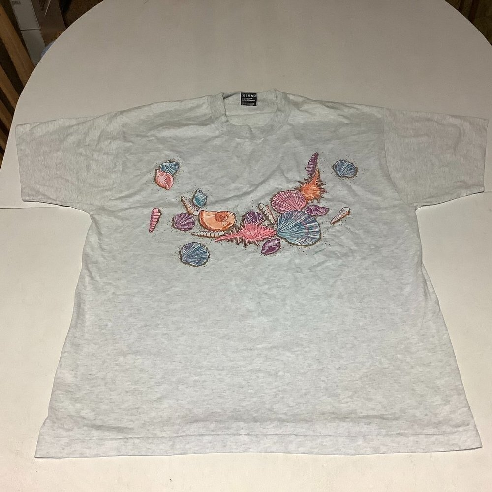 Women's Vintage Fruit of the Loom Seashells Gray T-shirt Size XL Single Stitch